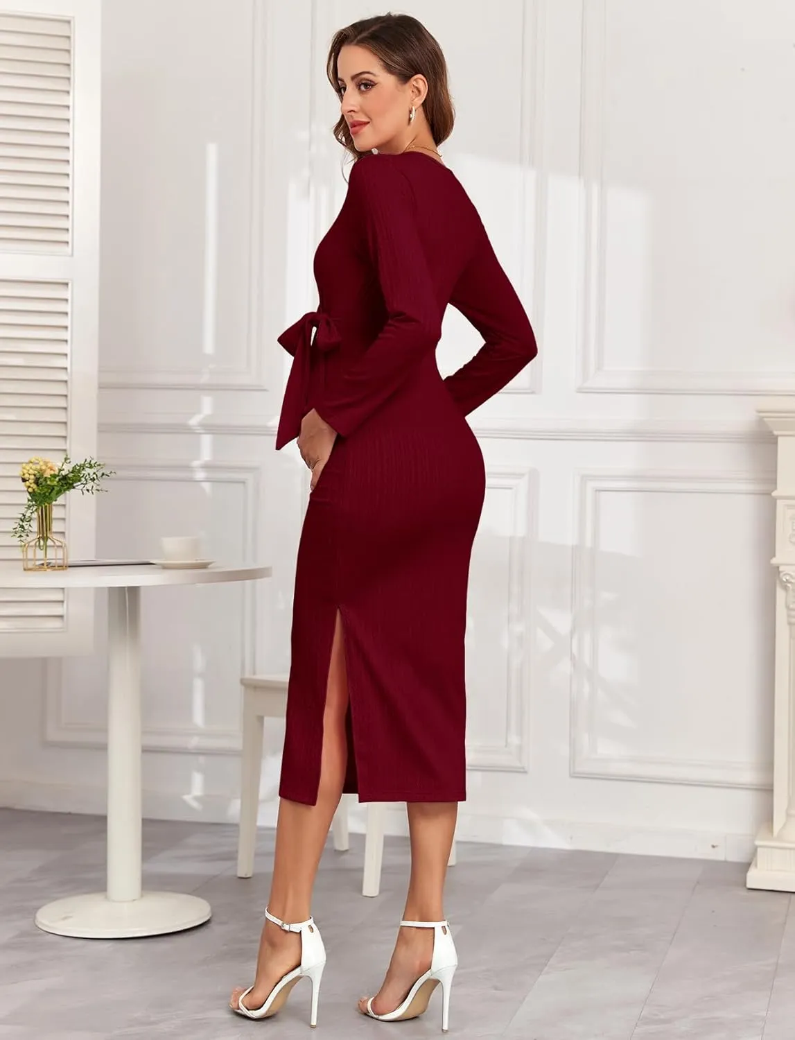 2024 Fall Rib Knit Maternity Nursing Dress Knot Side Long Sleeve V Neck Bodycon Wrap Pregnancy Split Dresses