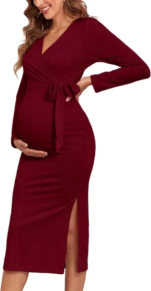 2024 Fall Rib Knit Maternity Nursing Dress Knot Side Long Sleeve V Neck Bodycon Wrap Pregnancy Split Dresses