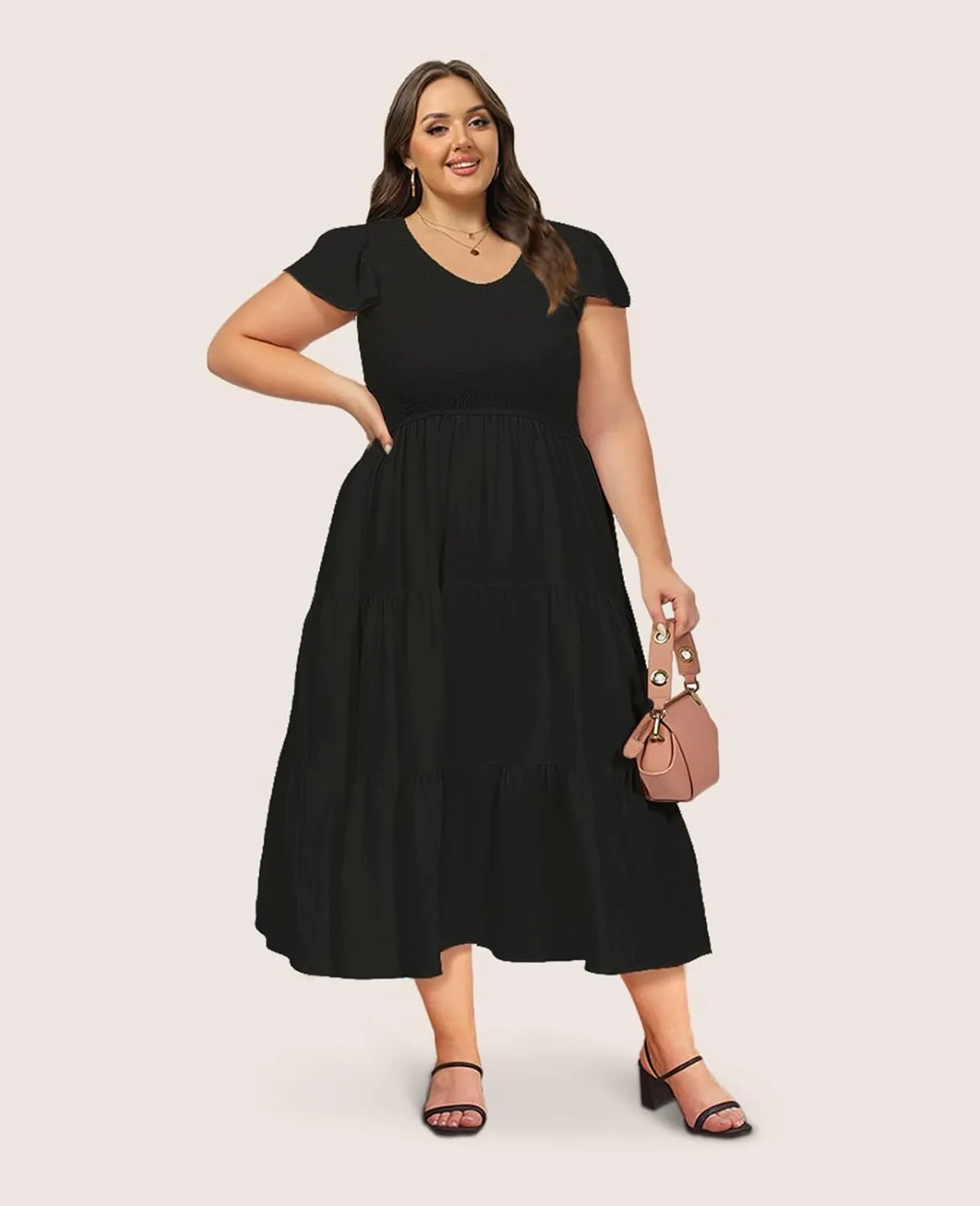 2025 Women's Plus Size Casual Dress V Neck Short Sleeve Summer Maxi Smocked Dresses