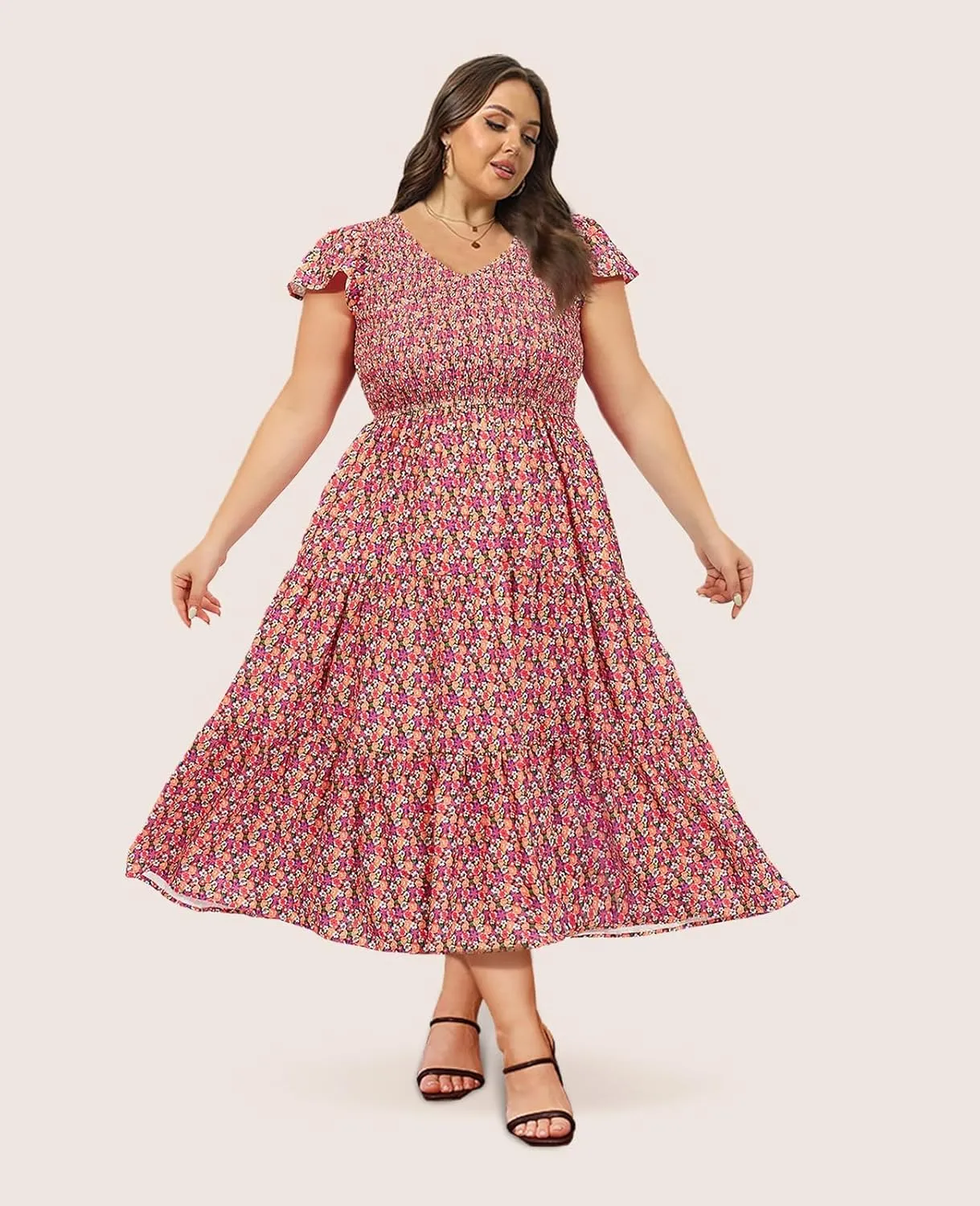 2025 Women's Plus Size Casual Dress V Neck Short Sleeve Summer Maxi Smocked Dresses