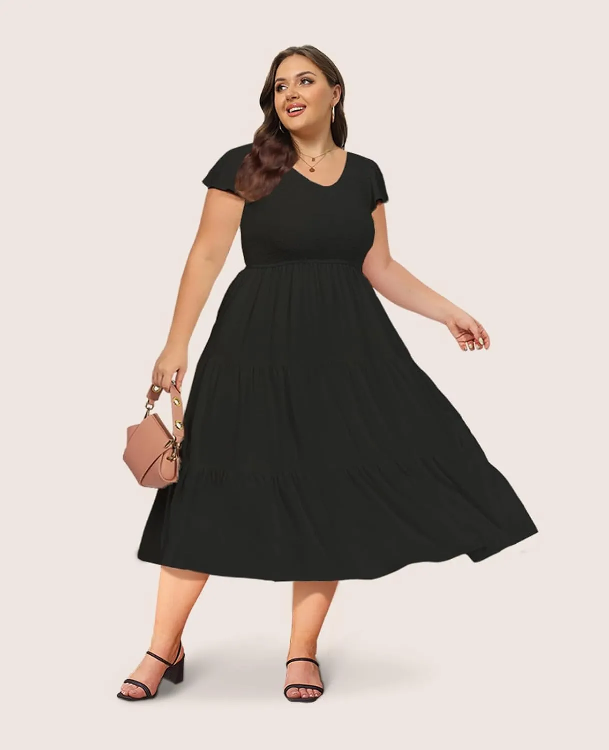 2025 Women's Plus Size Casual Dress V Neck Short Sleeve Summer Maxi Smocked Dresses