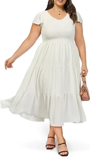 2025 Women's Plus Size Casual Dress V Neck Short Sleeve Summer Maxi Smocked Dresses