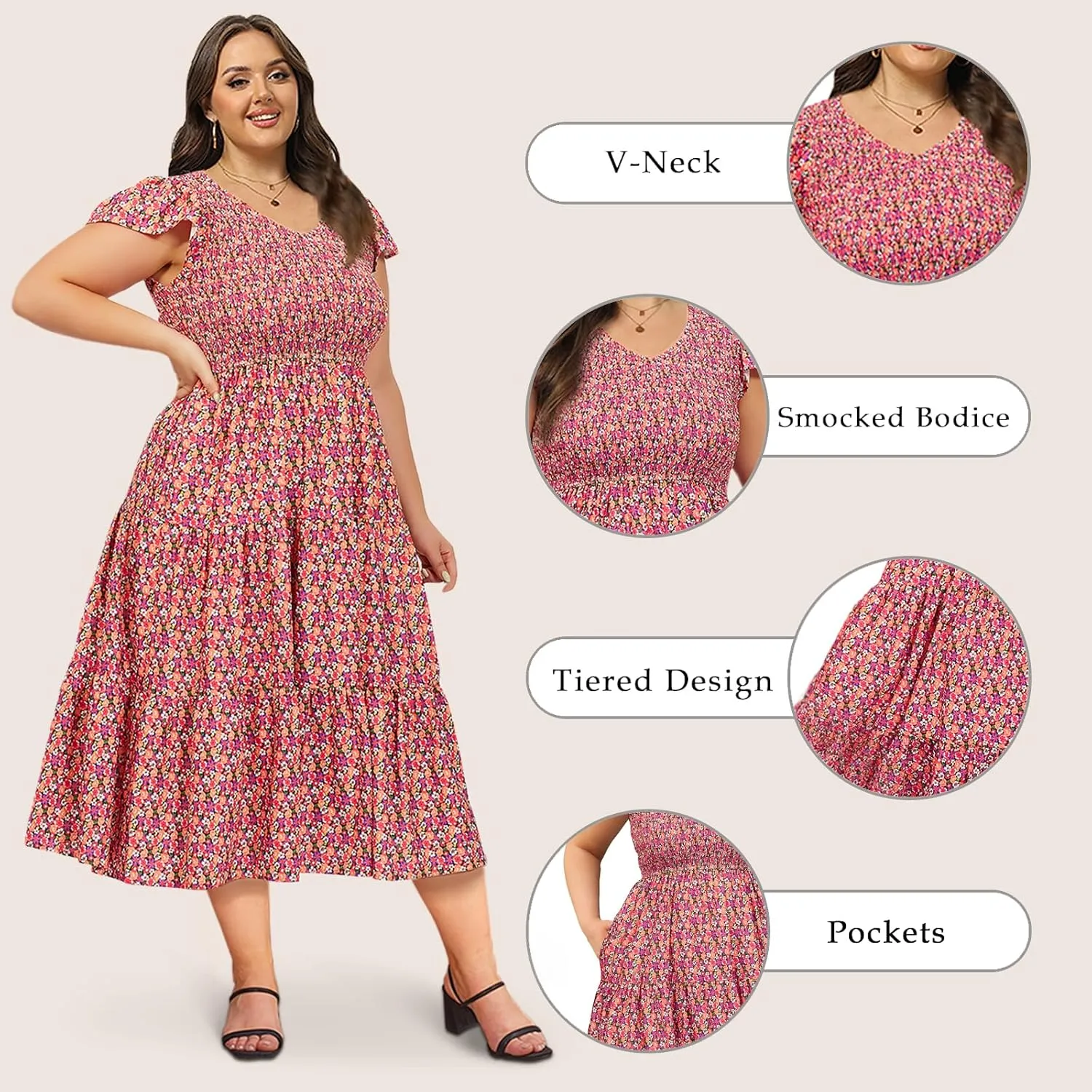 2025 Women's Plus Size Casual Dress V Neck Short Sleeve Summer Maxi Smocked Dresses