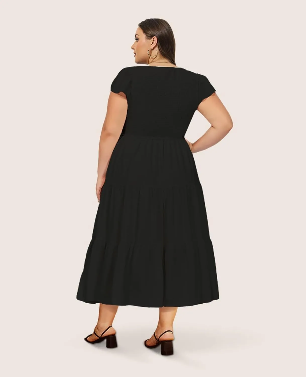 2025 Women's Plus Size Casual Dress V Neck Short Sleeve Summer Maxi Smocked Dresses