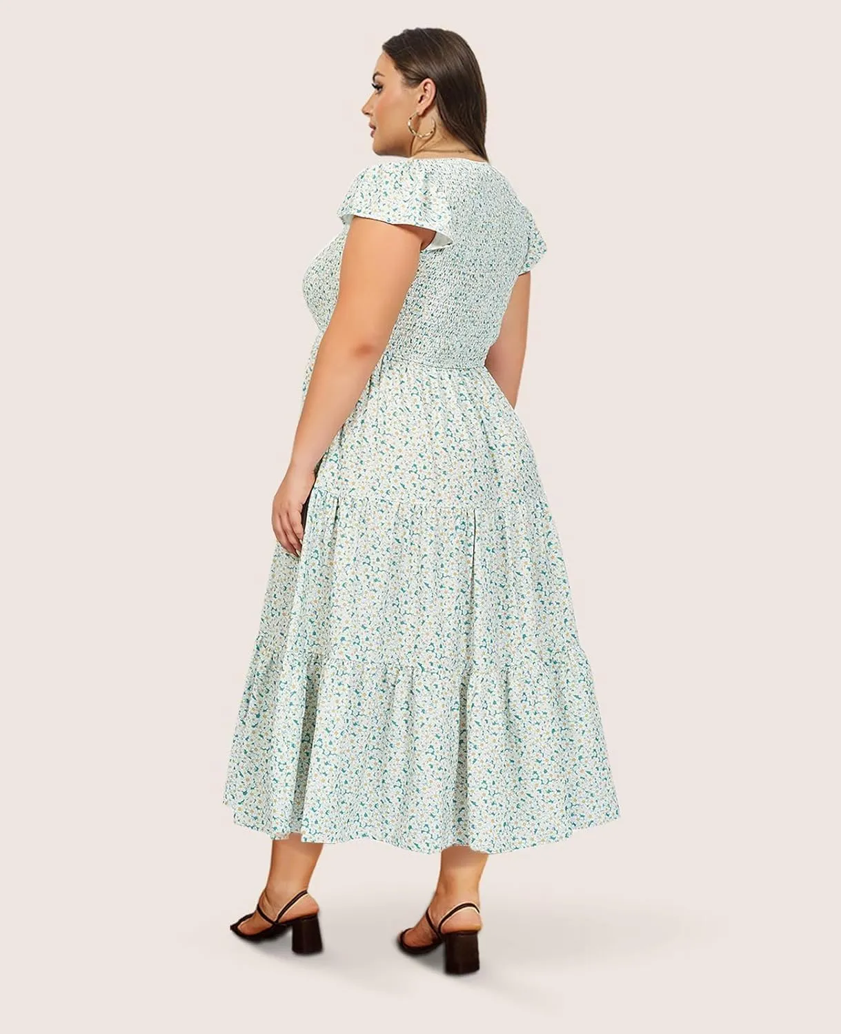2025 Women's Plus Size Casual Dress V Neck Short Sleeve Summer Maxi Smocked Dresses