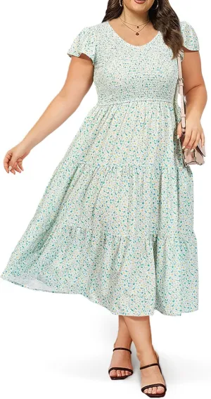 2025 Women's Plus Size Casual Dress V Neck Short Sleeve Summer Maxi Smocked Dresses