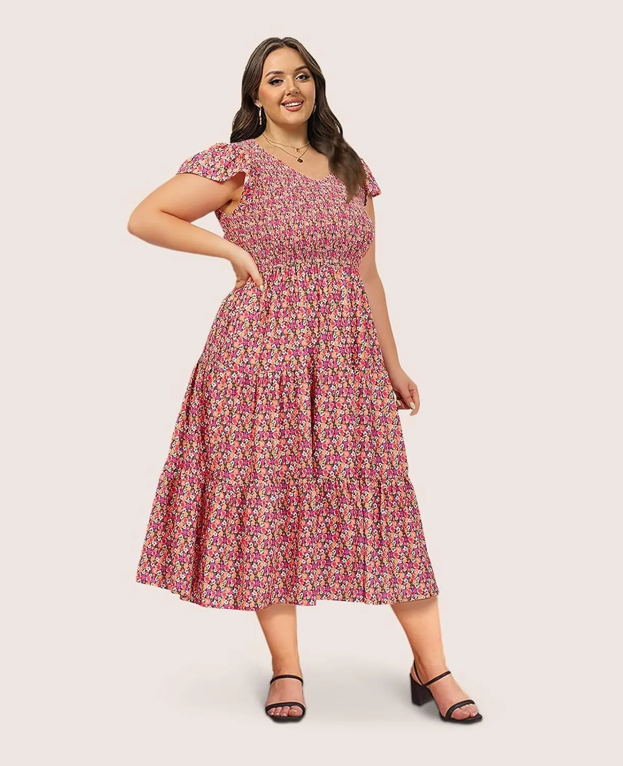 2025 Women's Plus Size Casual Dress V Neck Short Sleeve Summer Maxi Smocked Dresses