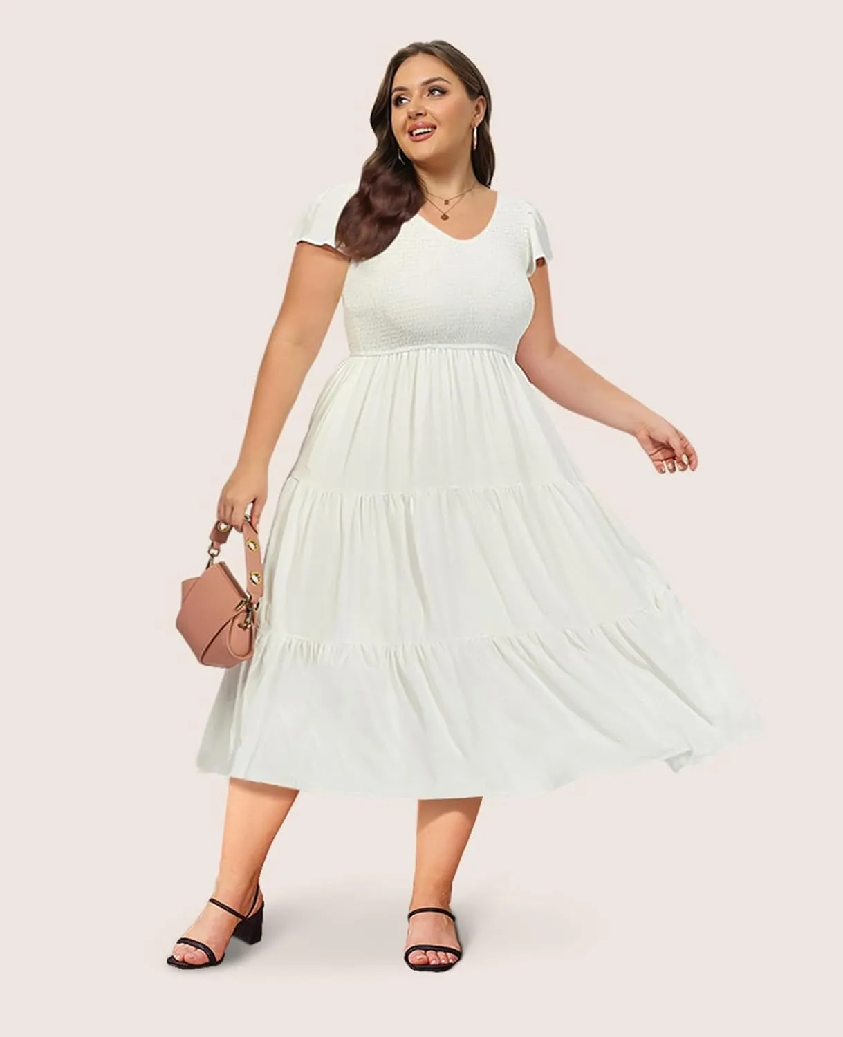 2025 Women's Plus Size Casual Dress V Neck Short Sleeve Summer Maxi Smocked Dresses