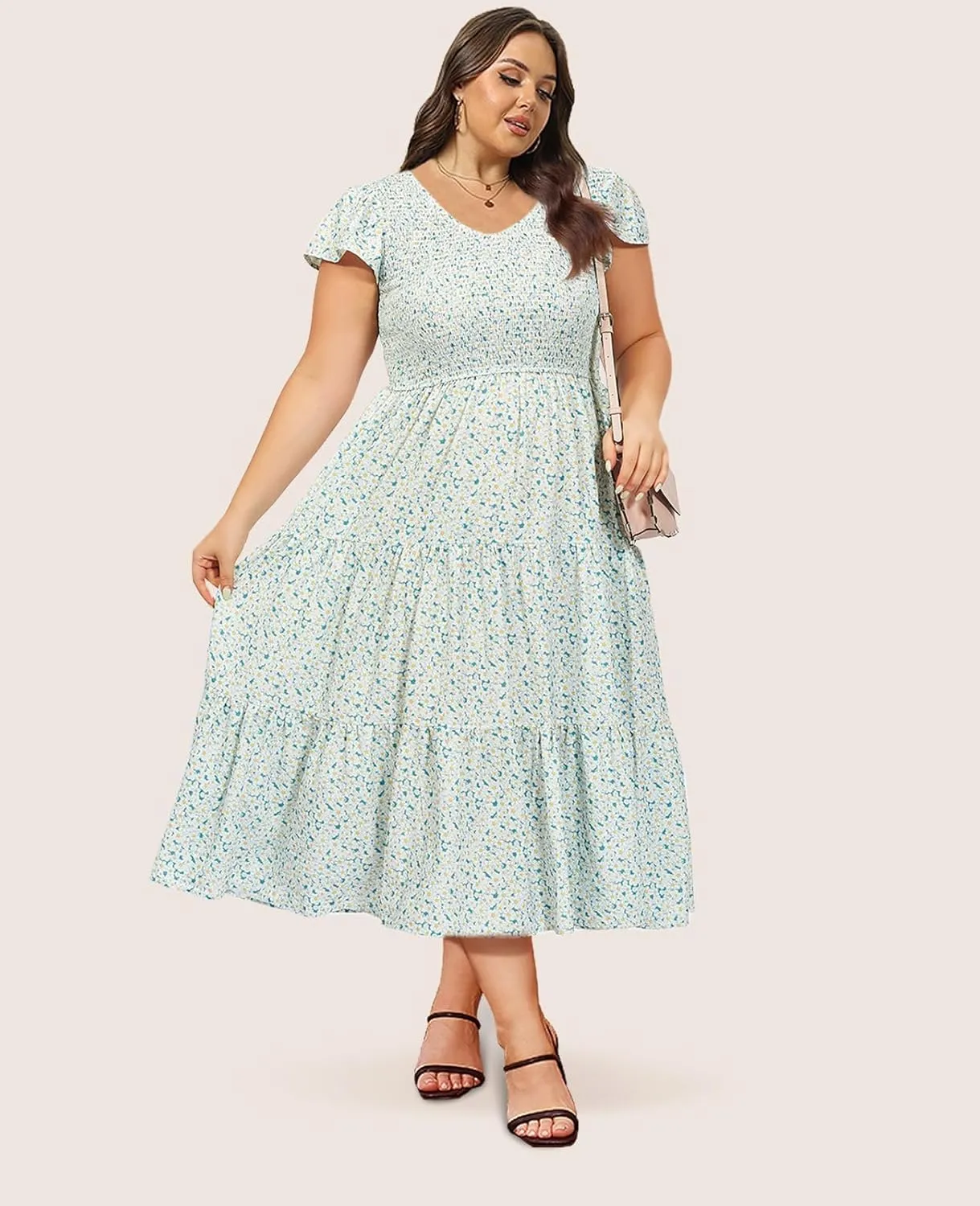 2025 Women's Plus Size Casual Dress V Neck Short Sleeve Summer Maxi Smocked Dresses