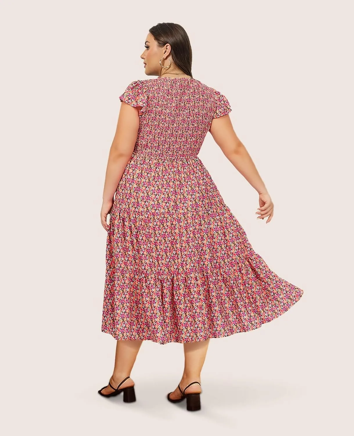 2025 Women's Plus Size Casual Dress V Neck Short Sleeve Summer Maxi Smocked Dresses