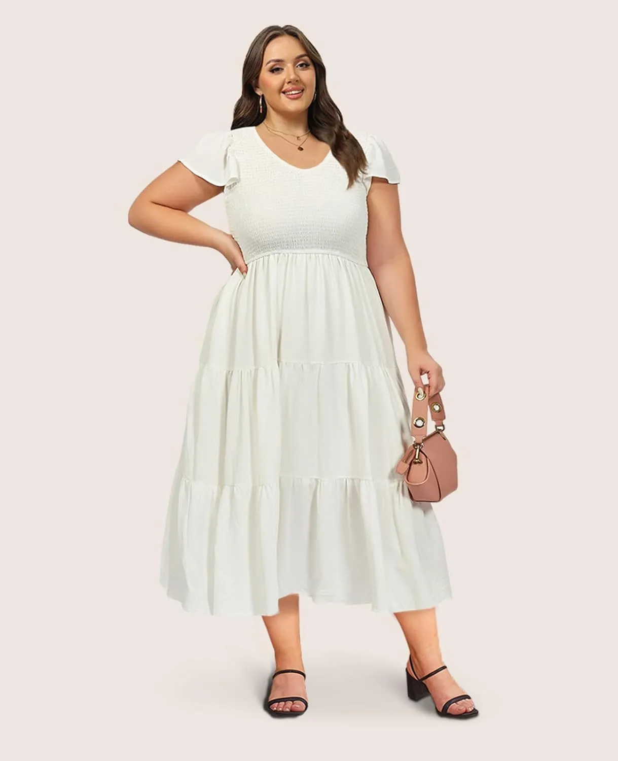 2025 Women's Plus Size Casual Dress V Neck Short Sleeve Summer Maxi Smocked Dresses