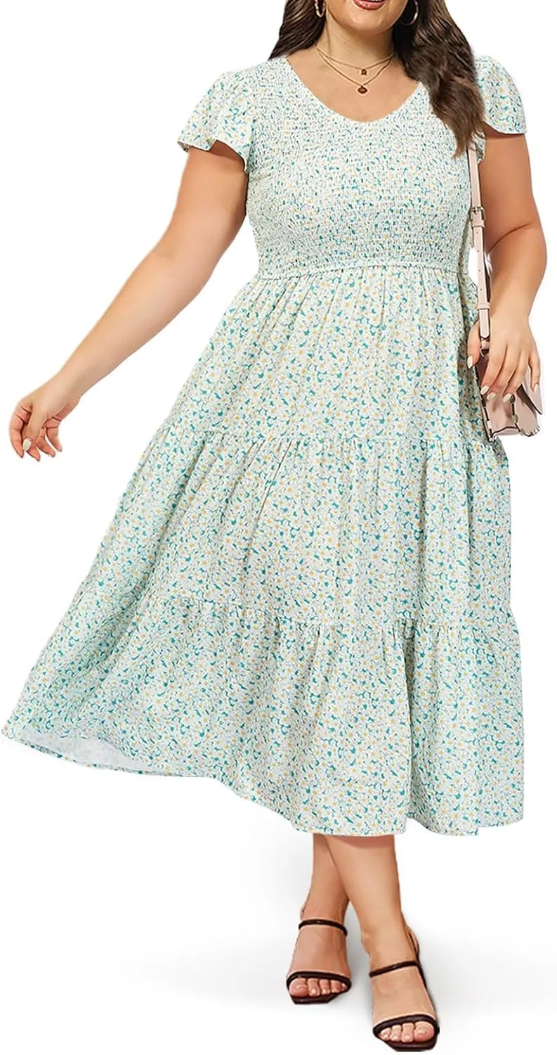 2025 Women's Plus Size Casual Dress V Neck Short Sleeve Summer Maxi Smocked Dresses