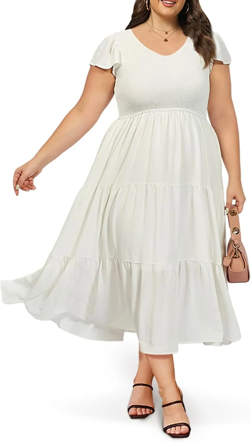 2025 Women's Plus Size Casual Dress V Neck Short Sleeve Summer Maxi Smocked Dresses