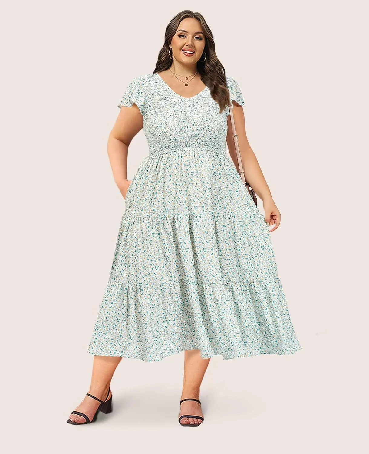 2025 Women's Plus Size Casual Dress V Neck Short Sleeve Summer Maxi Smocked Dresses