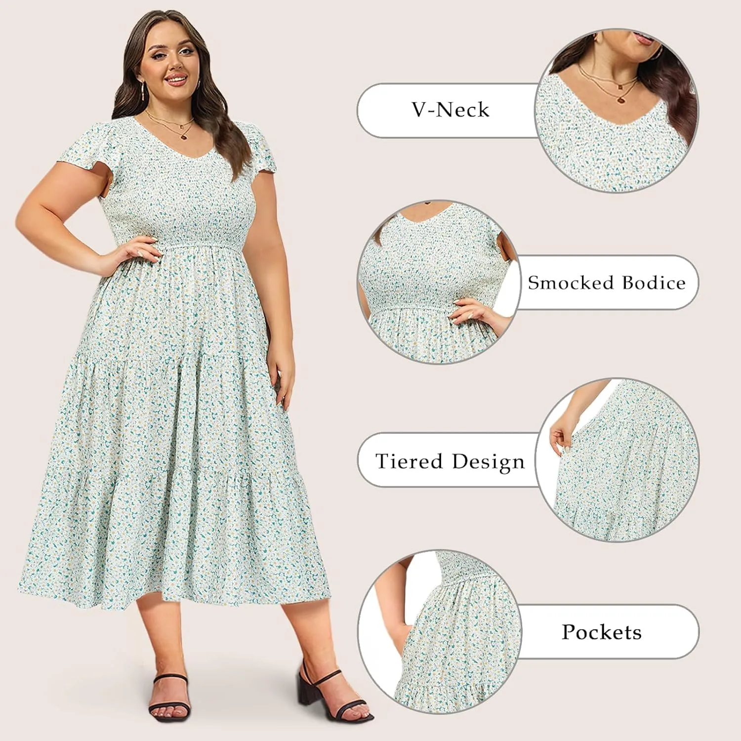 2025 Women's Plus Size Casual Dress V Neck Short Sleeve Summer Maxi Smocked Dresses