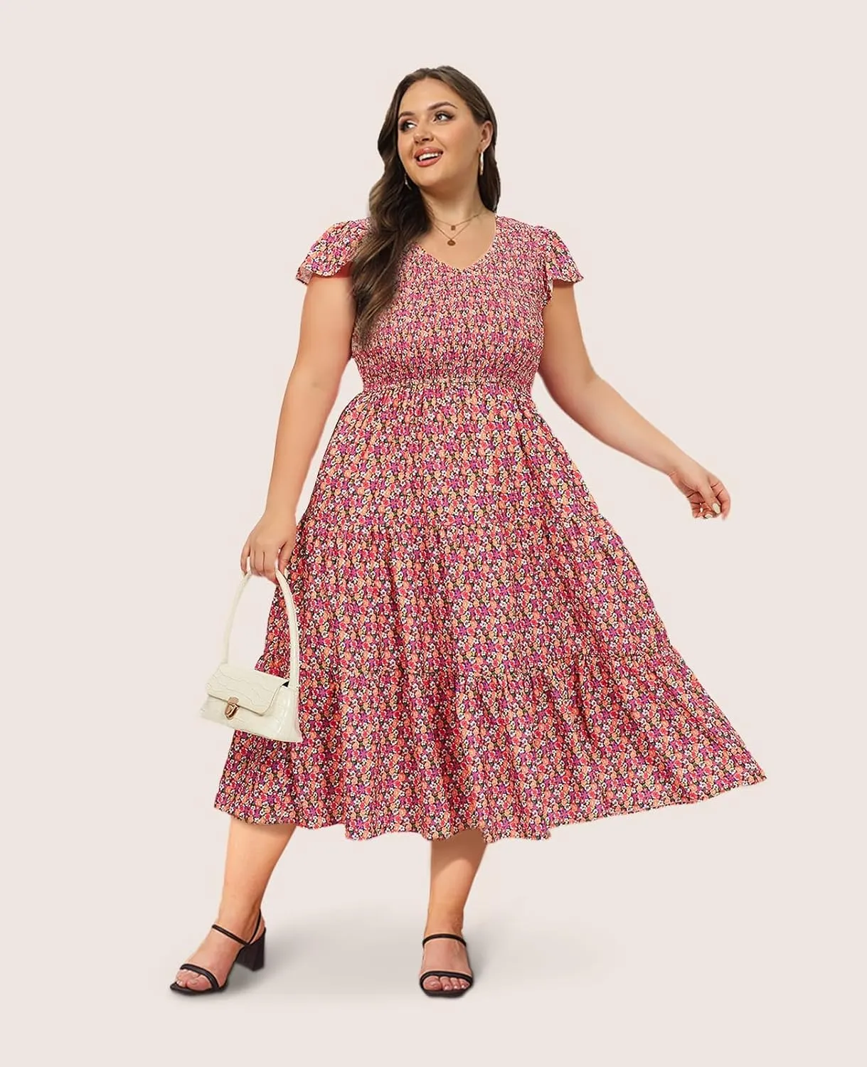2025 Women's Plus Size Casual Dress V Neck Short Sleeve Summer Maxi Smocked Dresses