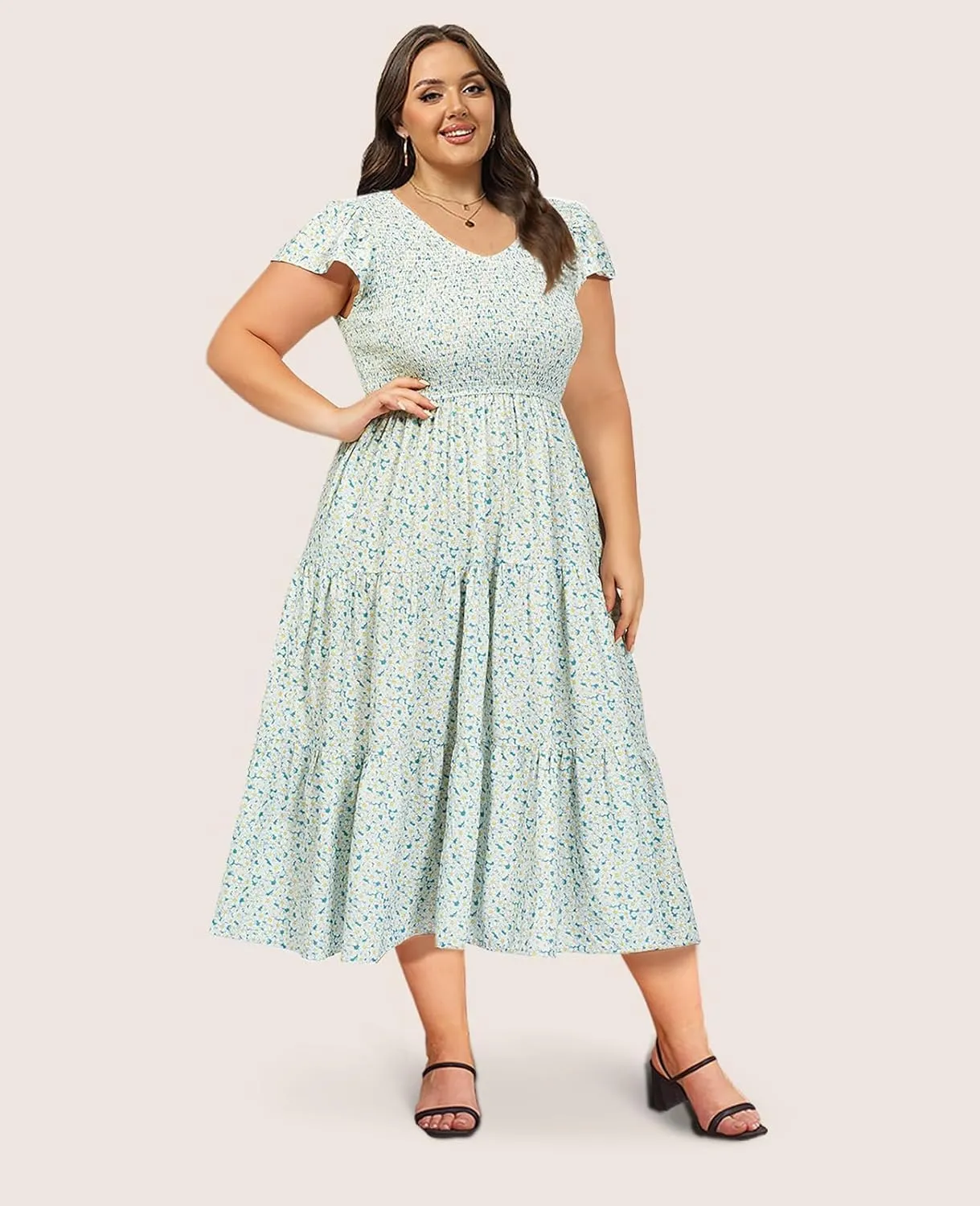 2025 Women's Plus Size Casual Dress V Neck Short Sleeve Summer Maxi Smocked Dresses