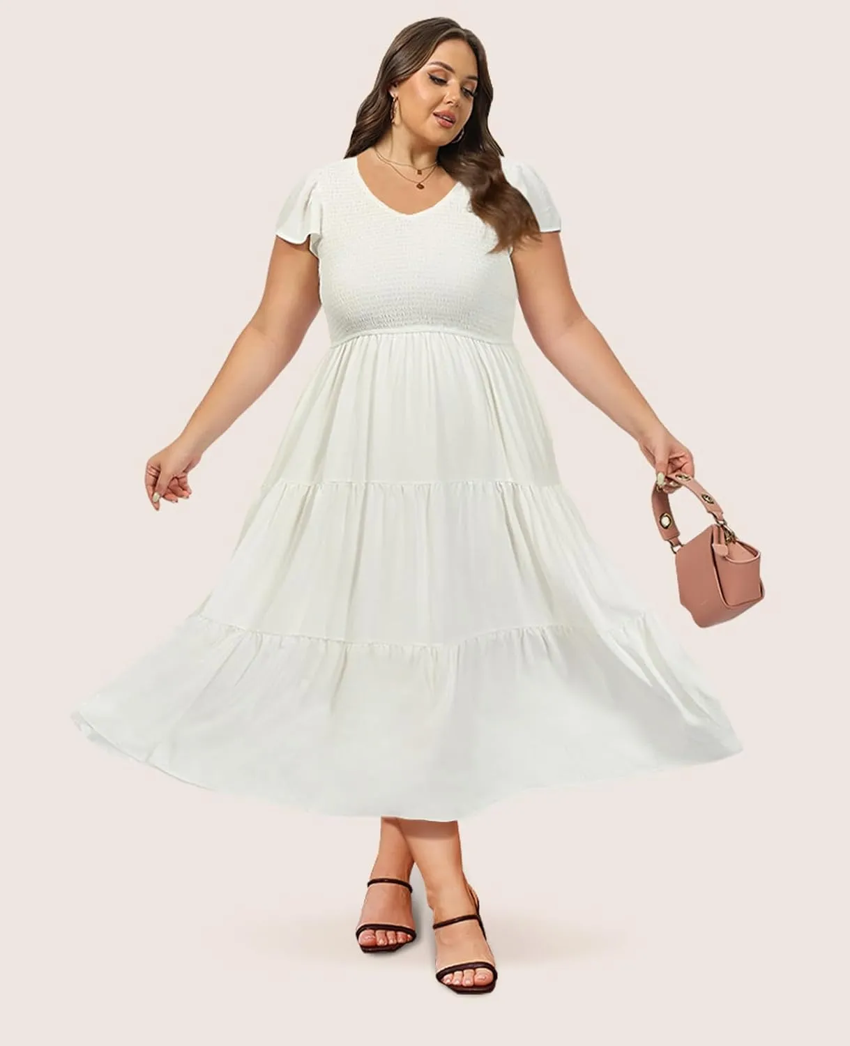 2025 Women's Plus Size Casual Dress V Neck Short Sleeve Summer Maxi Smocked Dresses