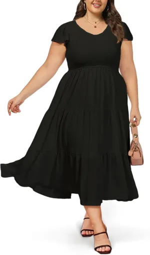 2025 Women's Plus Size Casual Dress V Neck Short Sleeve Summer Maxi Smocked Dresses