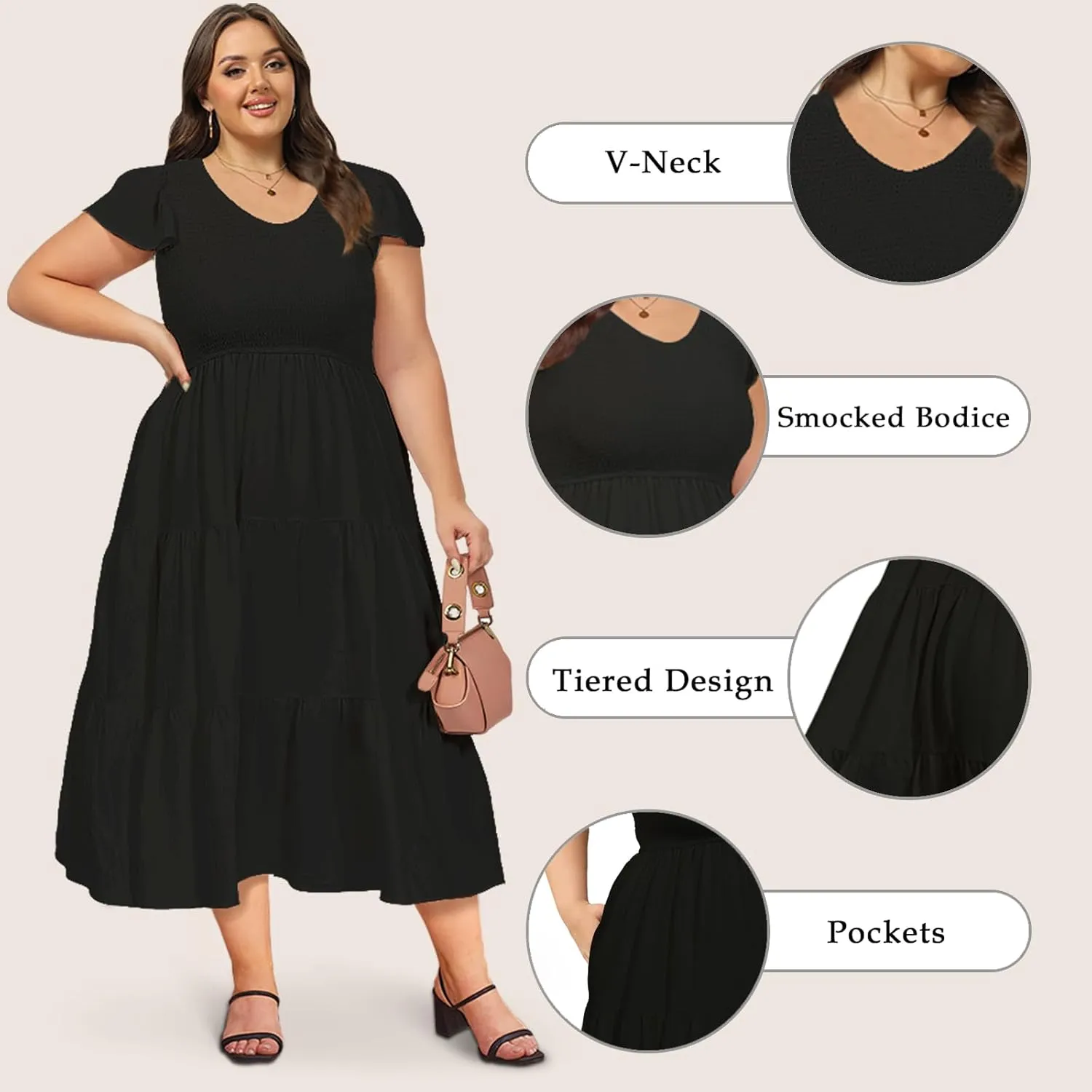 2025 Women's Plus Size Casual Dress V Neck Short Sleeve Summer Maxi Smocked Dresses
