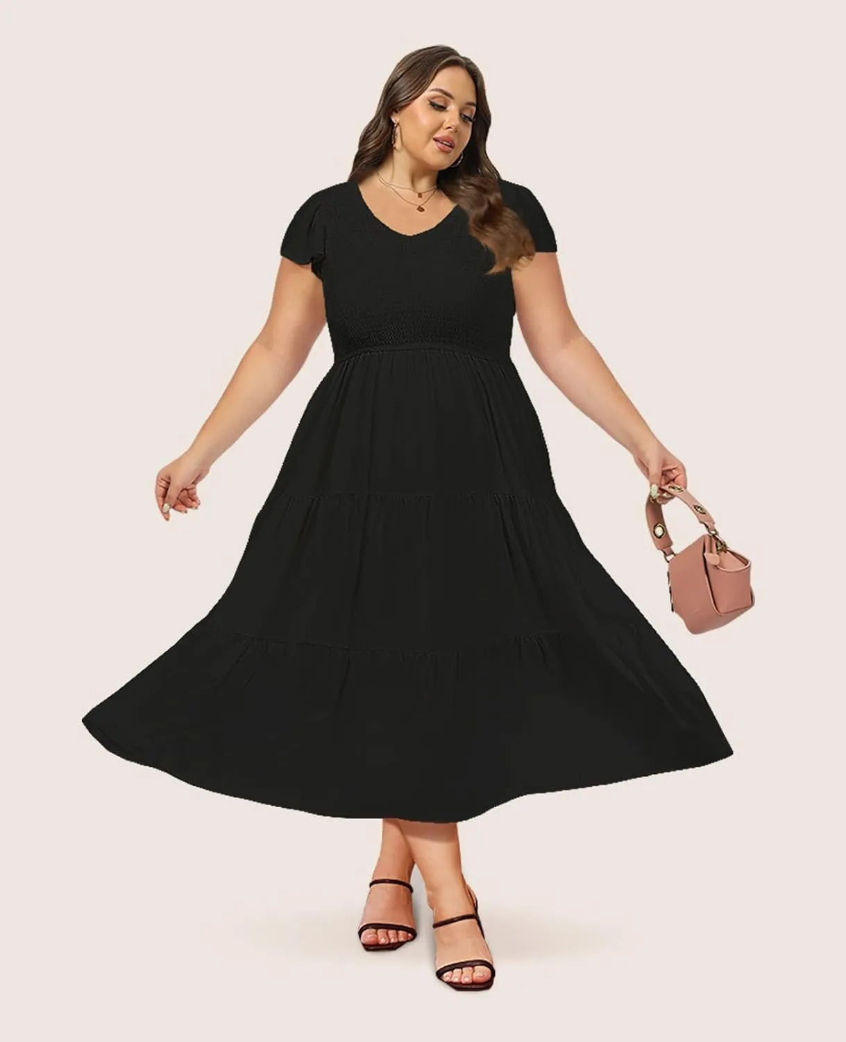 2025 Women's Plus Size Casual Dress V Neck Short Sleeve Summer Maxi Smocked Dresses