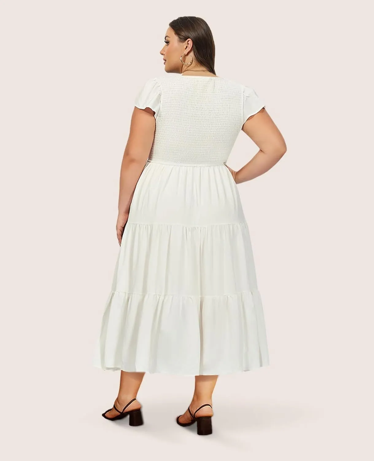 2025 Women's Plus Size Casual Dress V Neck Short Sleeve Summer Maxi Smocked Dresses