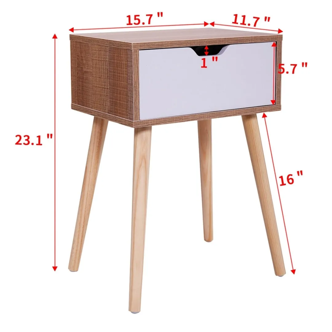 23" High Glossy End Table with Drawer, Nightstand Bedside Furniture, Light Brown