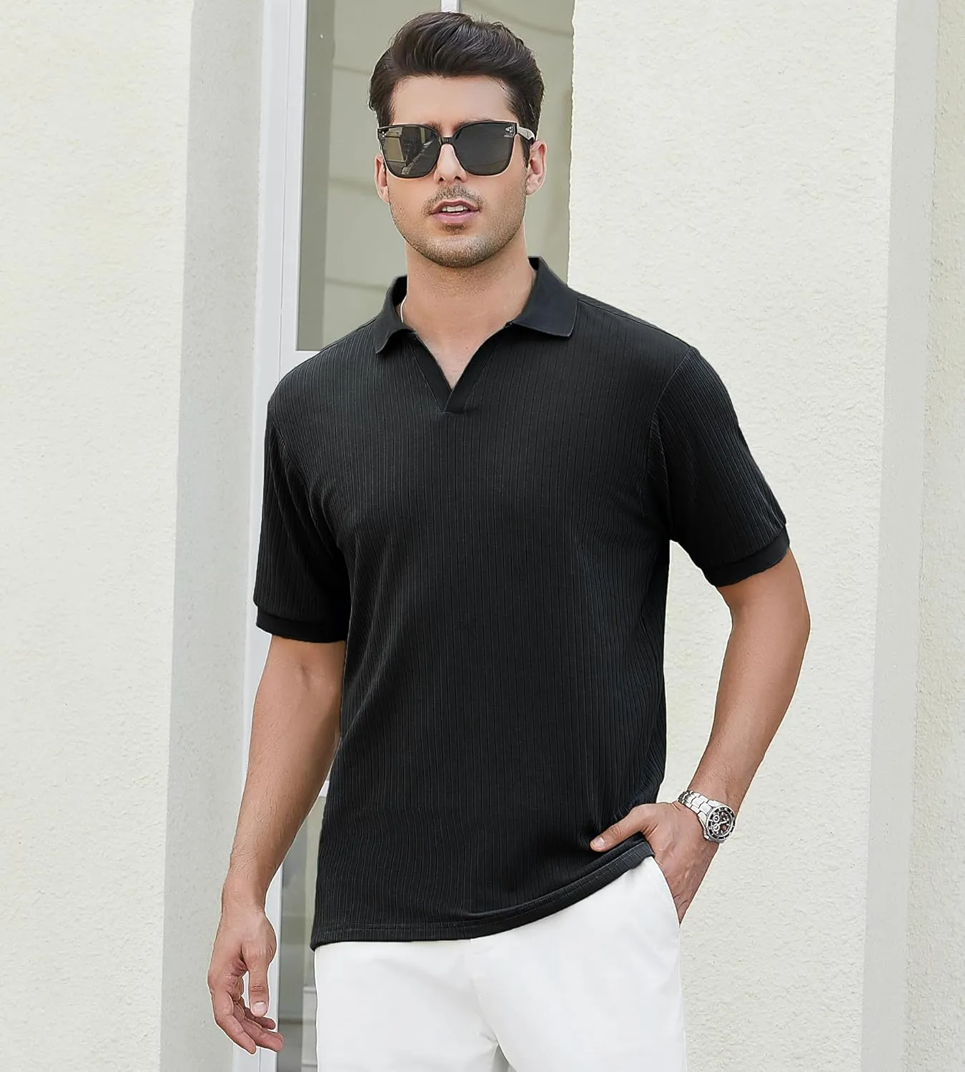 Alex Vando Mens Cotton Polo Shirts V-Neck Short Sleeve Casual Shirts for Men