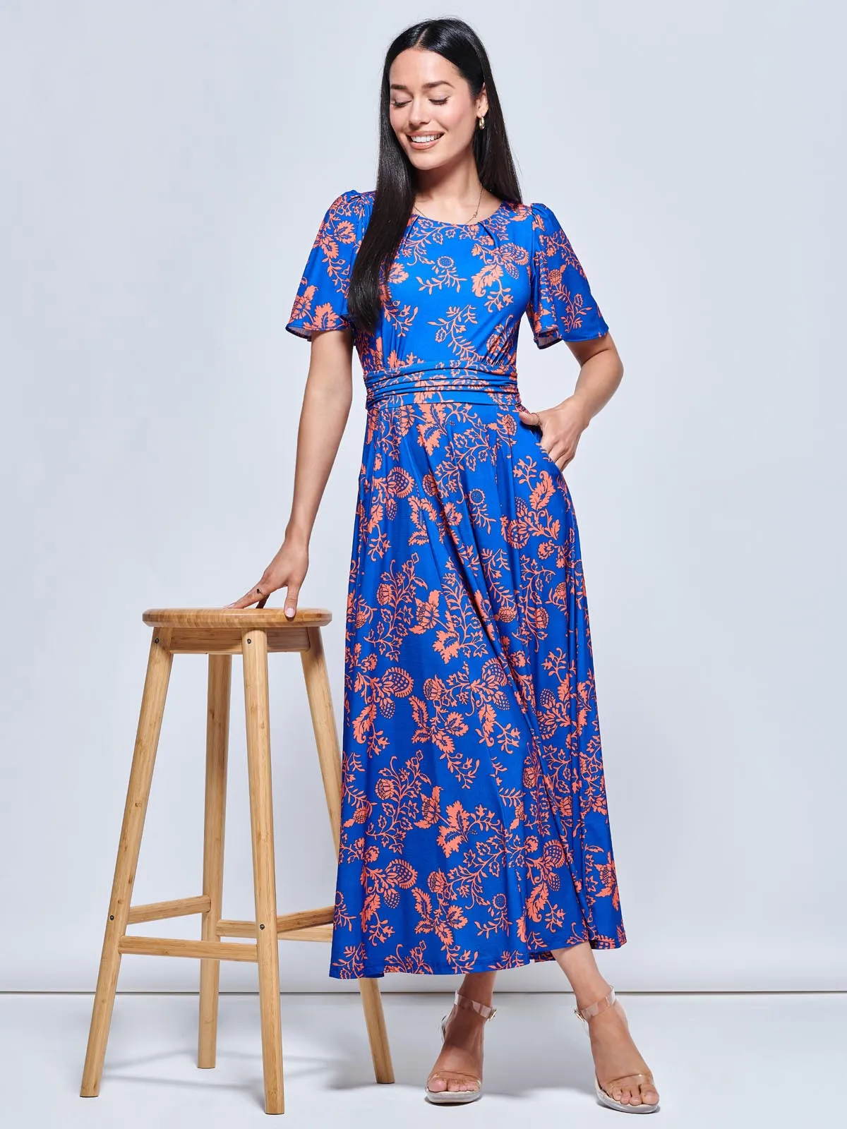 Angel Sleeve Jersey Maxi Dress, Royal Floral