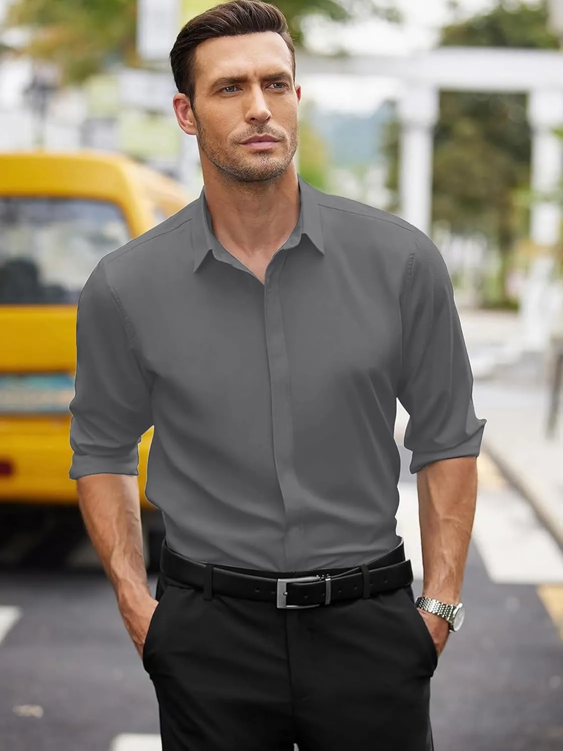 Bealin Men's Button Down Short Sleeve Casual Shirts Elastic Wrinkle Free Business Shirt for Summer Casual Top