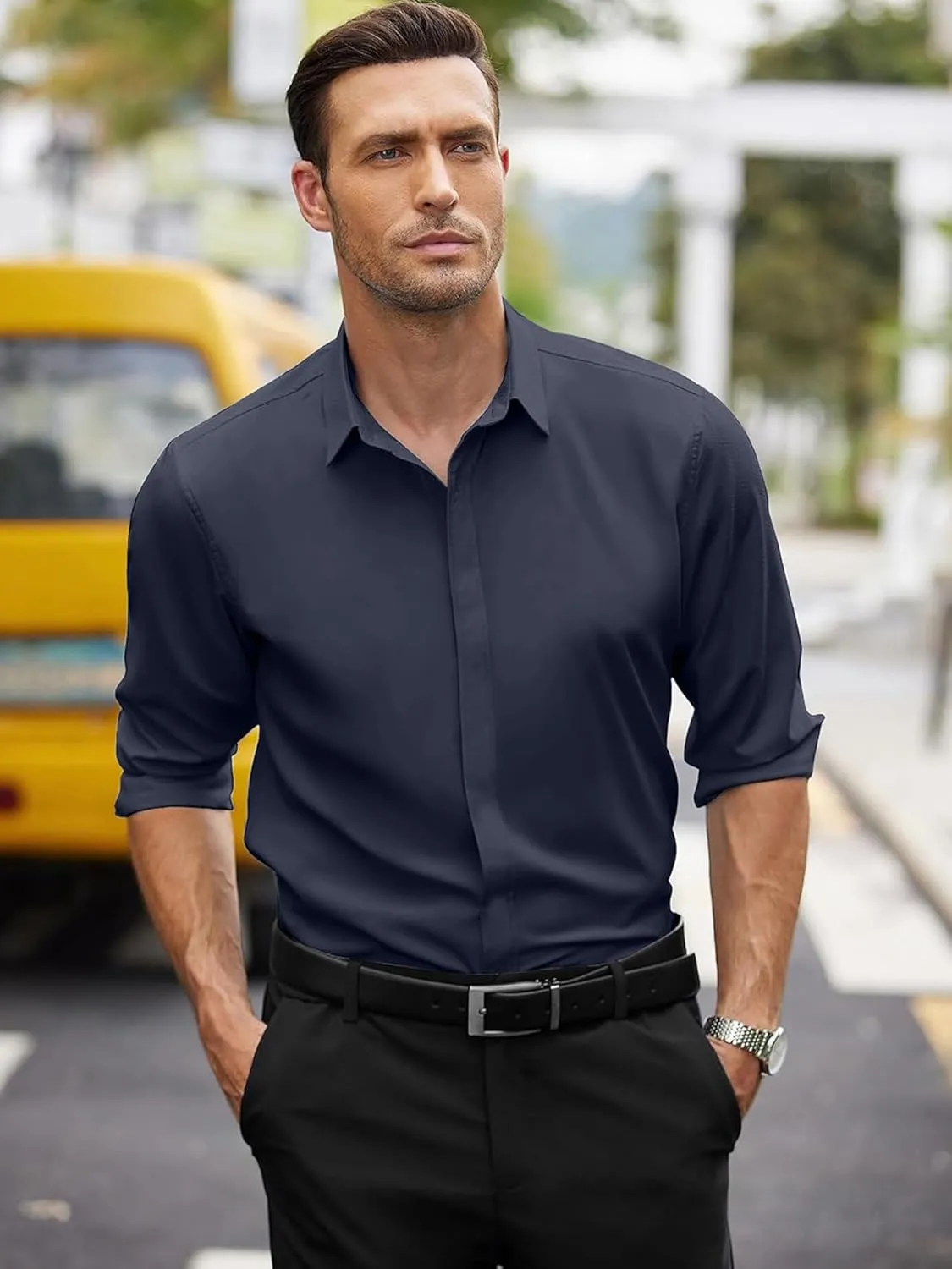 Bealin Men's Button Down Short Sleeve Casual Shirts Elastic Wrinkle Free Business Shirt for Summer Casual Top