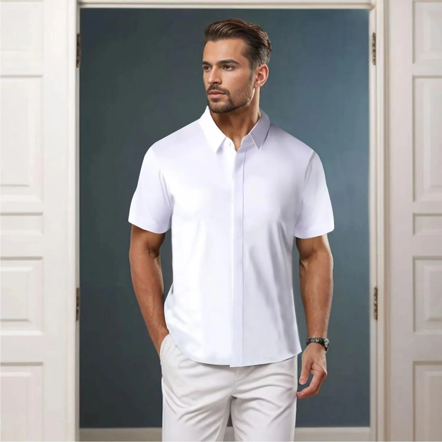 Bealin Men's Button Down Short Sleeve Casual Shirts Elastic Wrinkle Free Business Shirt for Summer Casual Top