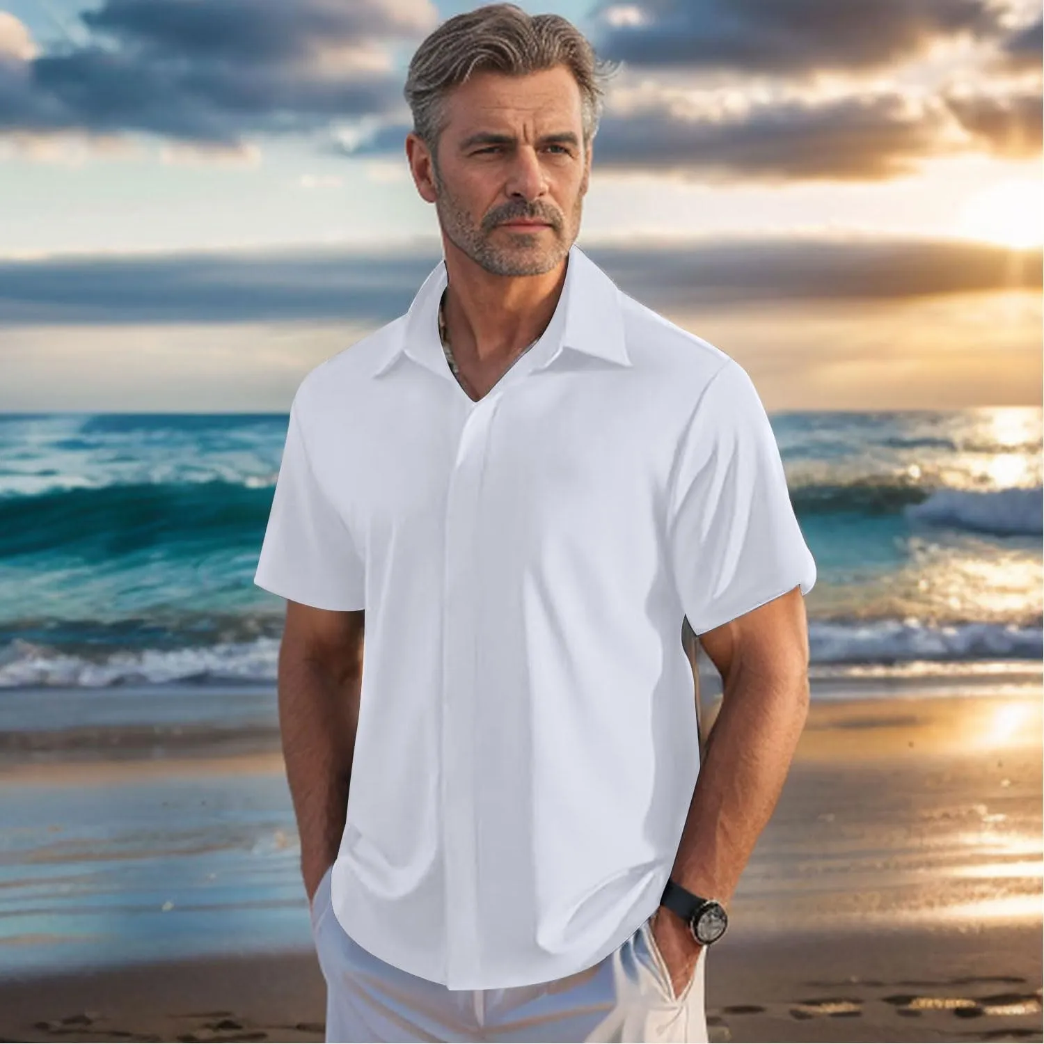 Bealin Men's Button Down Short Sleeve Casual Shirts Elastic Wrinkle Free Business Shirt for Summer Casual Top