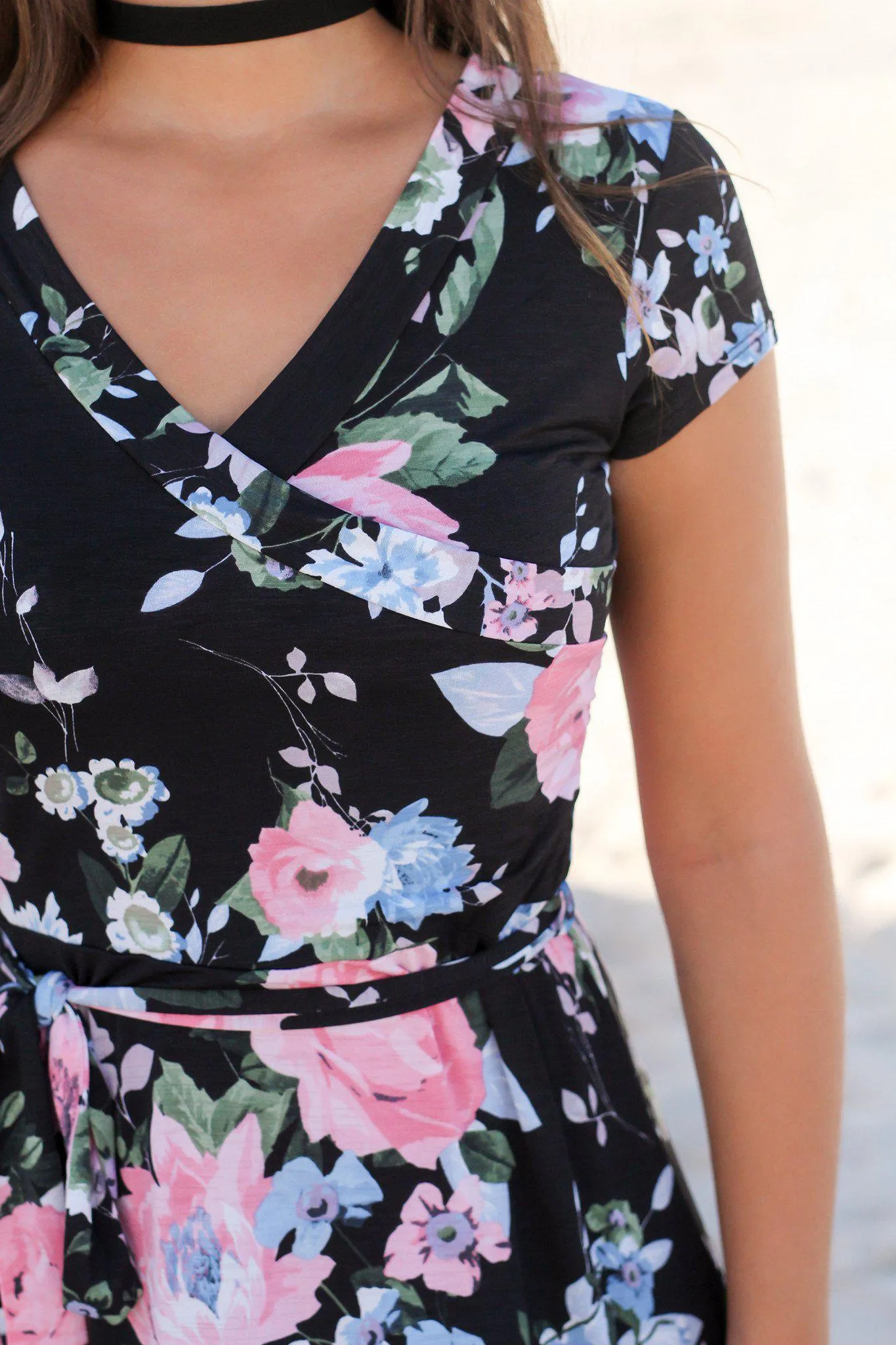 Black and Pink Floral Wrap Maxi Dress