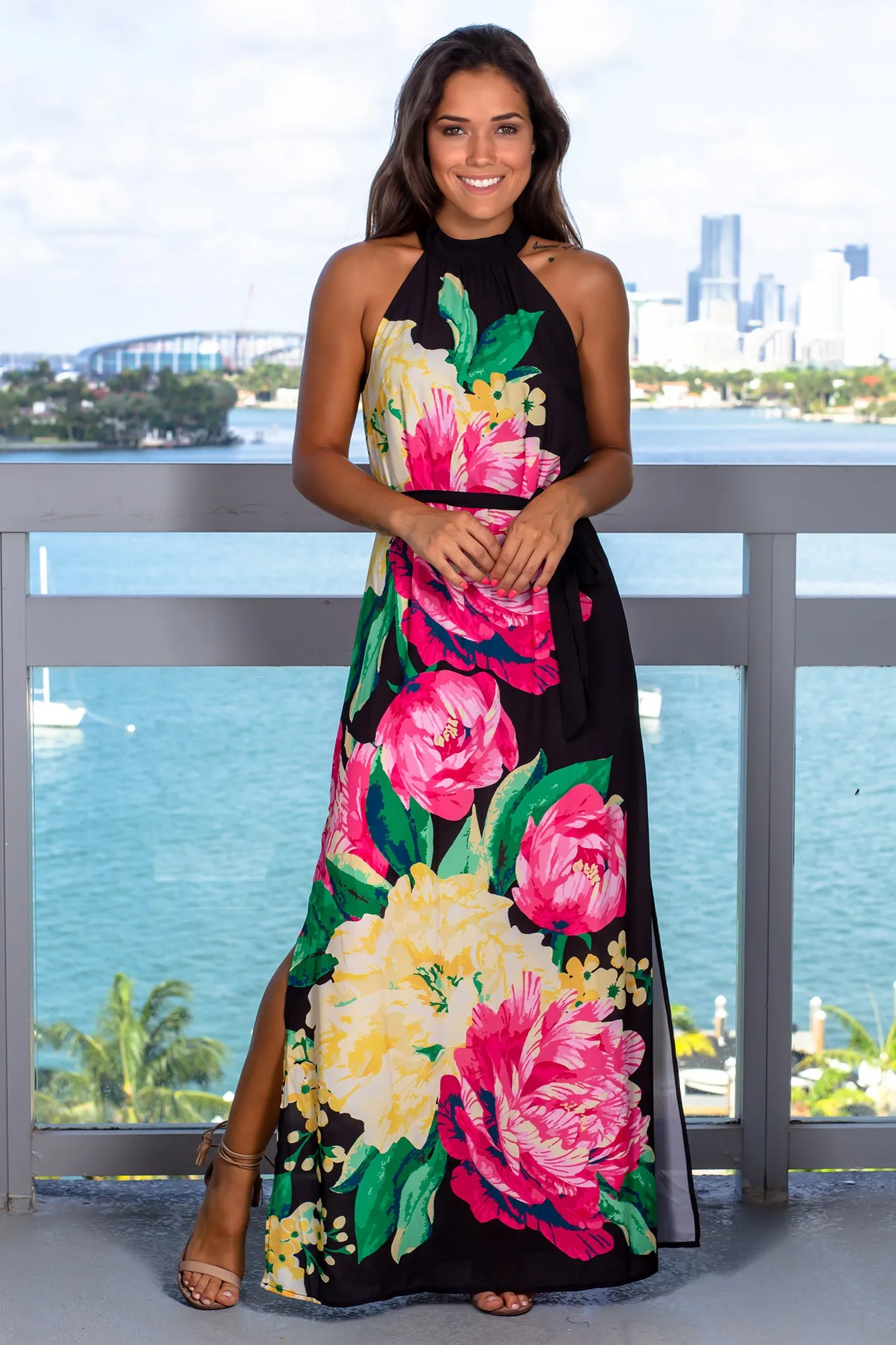 Black Floral Maxi Dress with Halter Neck