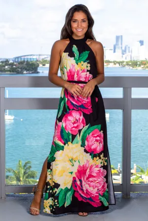 Black Floral Maxi Dress with Halter Neck