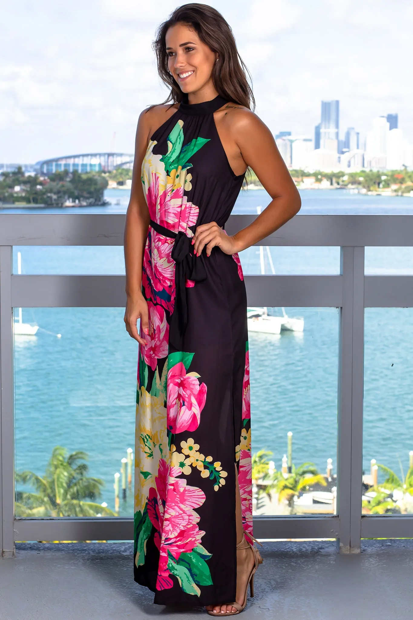 Black Floral Maxi Dress with Halter Neck