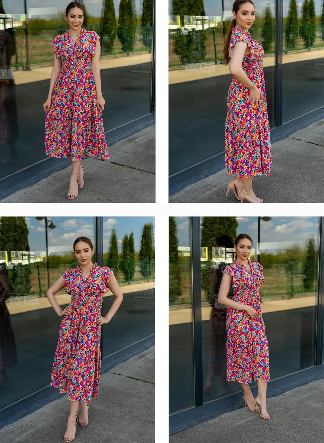 BLENCOT Womens Floral Maxi Dresses Casual Flowy Boho Dresses Summer Ruffle Short Sleeve V Neck Dress with Pockets