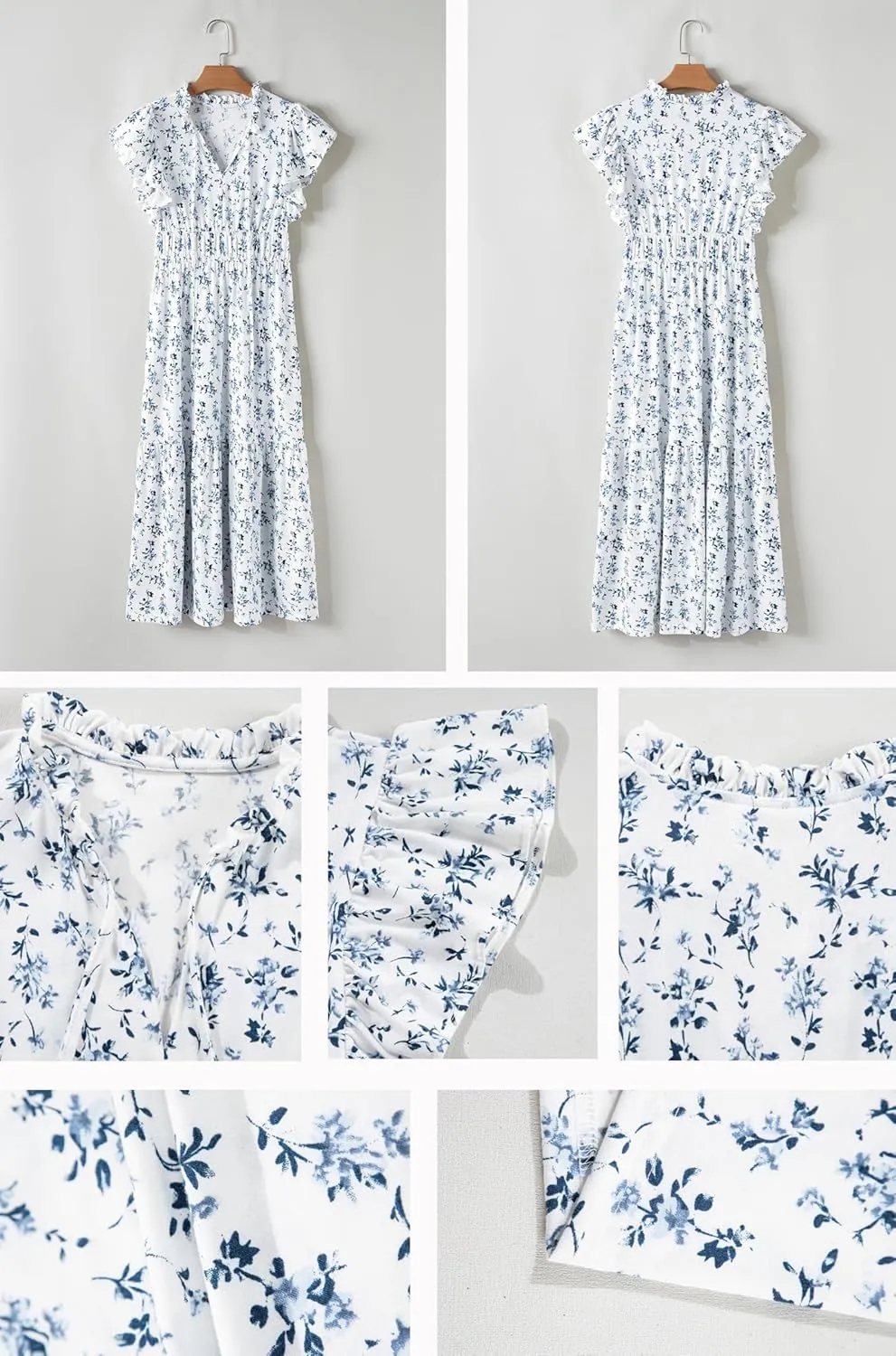 BLENCOT Womens Floral Maxi Dresses Casual Flowy Boho Dresses Summer Ruffle Short Sleeve V Neck Dress with Pockets