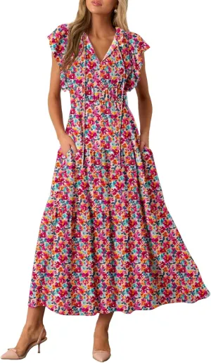 BLENCOT Womens Floral Maxi Dresses Casual Flowy Boho Dresses Summer Ruffle Short Sleeve V Neck Dress with Pockets
