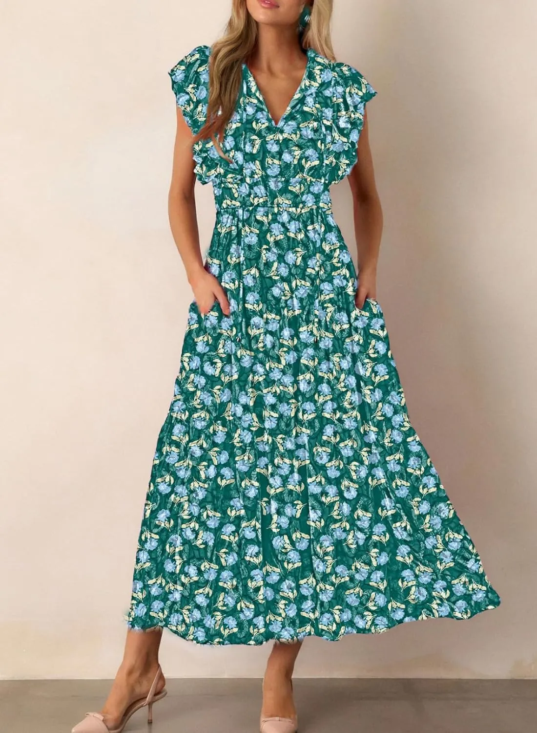 BLENCOT Womens Floral Maxi Dresses Casual Flowy Boho Dresses Summer Ruffle Short Sleeve V Neck Dress with Pockets