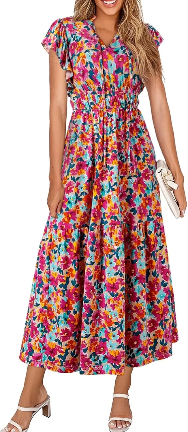 BLENCOT Womens Floral Maxi Dresses Casual Flowy Boho Dresses Summer Ruffle Short Sleeve V Neck Dress with Pockets