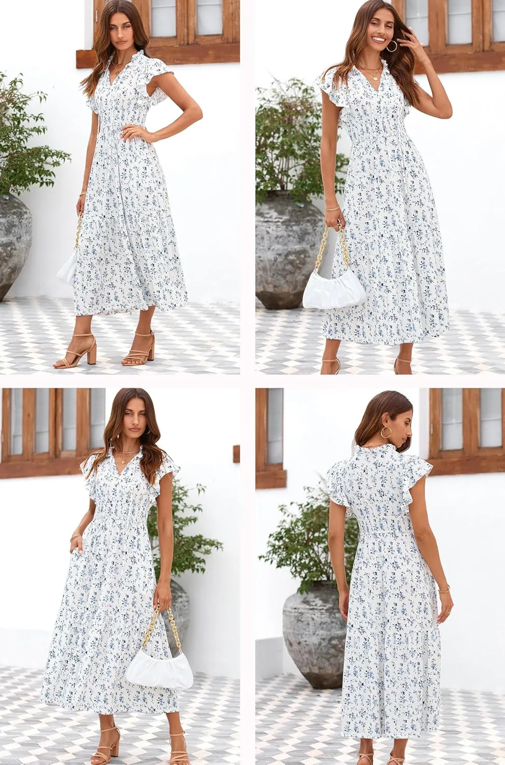BLENCOT Womens Floral Maxi Dresses Casual Flowy Boho Dresses Summer Ruffle Short Sleeve V Neck Dress with Pockets