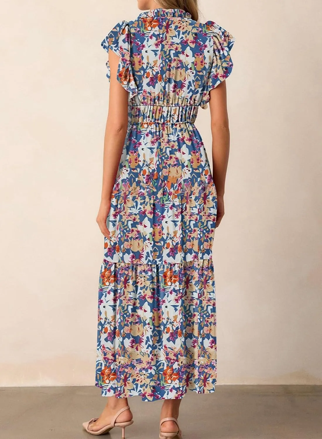 BLENCOT Womens Floral Maxi Dresses Casual Flowy Boho Dresses Summer Ruffle Short Sleeve V Neck Dress with Pockets