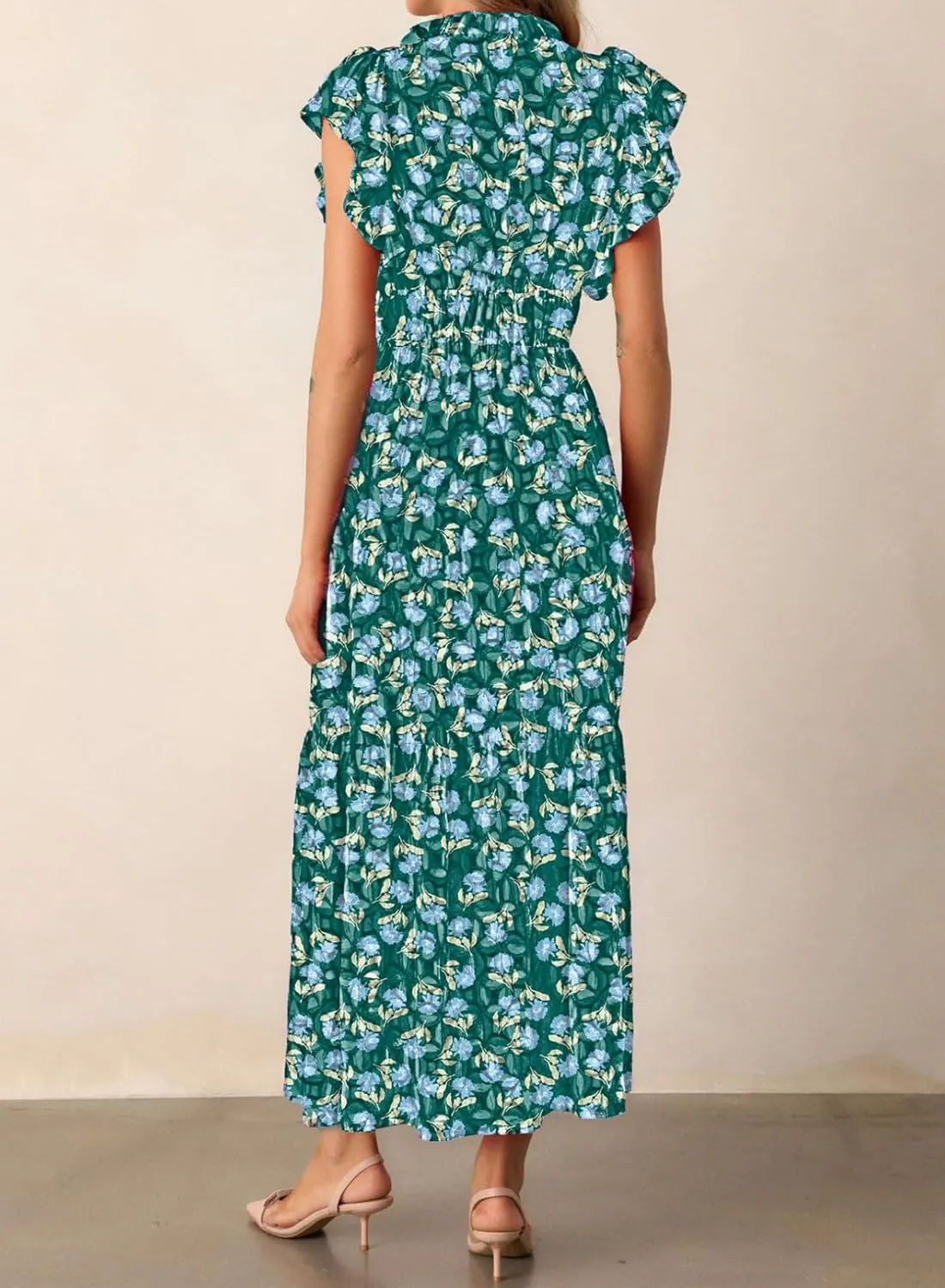 BLENCOT Womens Floral Maxi Dresses Casual Flowy Boho Dresses Summer Ruffle Short Sleeve V Neck Dress with Pockets