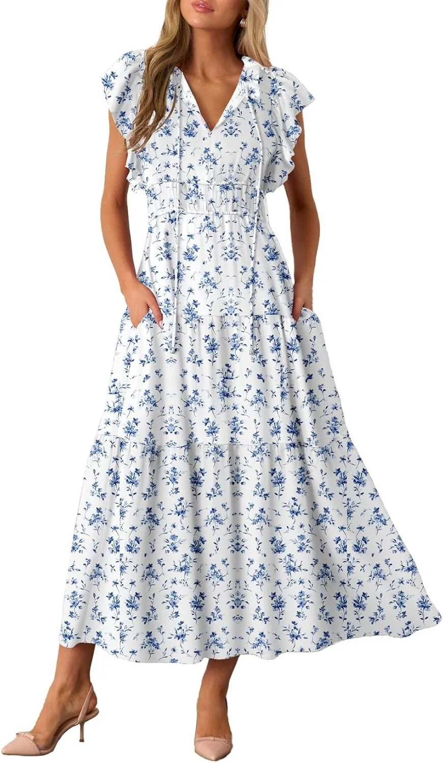 BLENCOT Womens Floral Maxi Dresses Casual Flowy Boho Dresses Summer Ruffle Short Sleeve V Neck Dress with Pockets