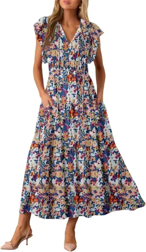 BLENCOT Womens Floral Maxi Dresses Casual Flowy Boho Dresses Summer Ruffle Short Sleeve V Neck Dress with Pockets