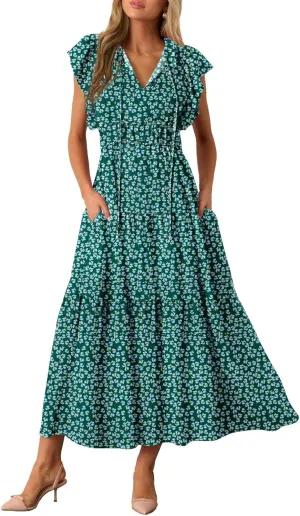 BLENCOT Womens Floral Maxi Dresses Casual Flowy Boho Dresses Summer Ruffle Short Sleeve V Neck Dress with Pockets