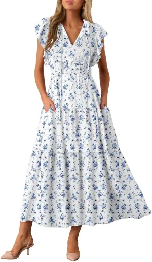 BLENCOT Womens Floral Maxi Dresses Casual Flowy Boho Dresses Summer Ruffle Short Sleeve V Neck Dress with Pockets