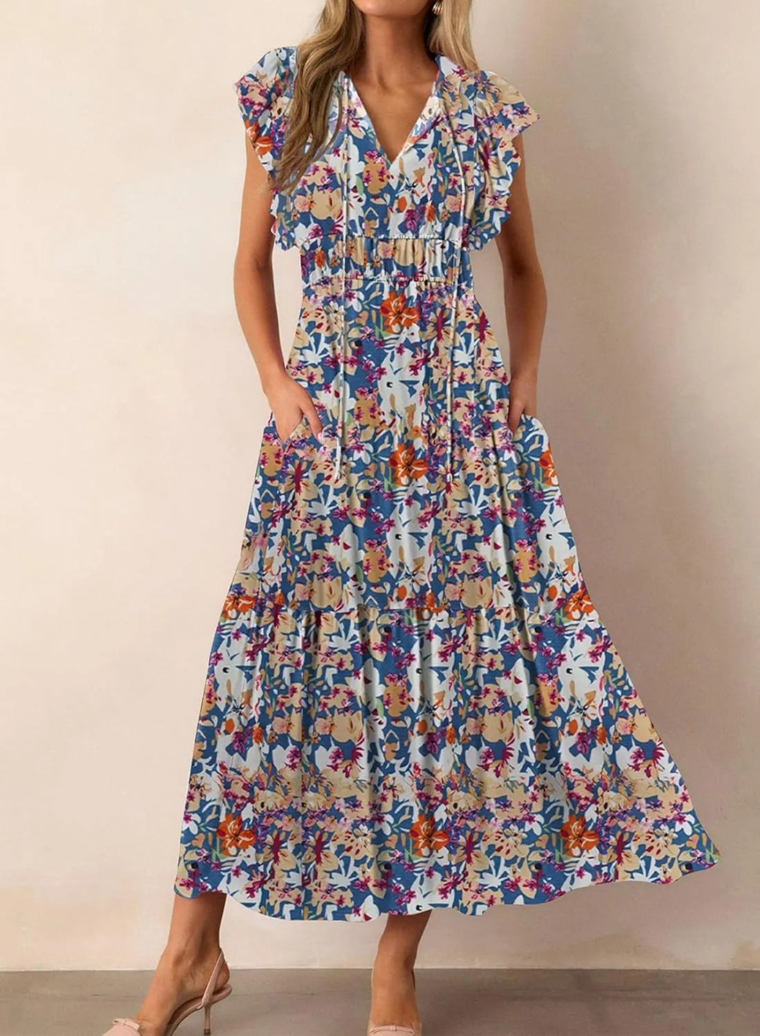 BLENCOT Womens Floral Maxi Dresses Casual Flowy Boho Dresses Summer Ruffle Short Sleeve V Neck Dress with Pockets